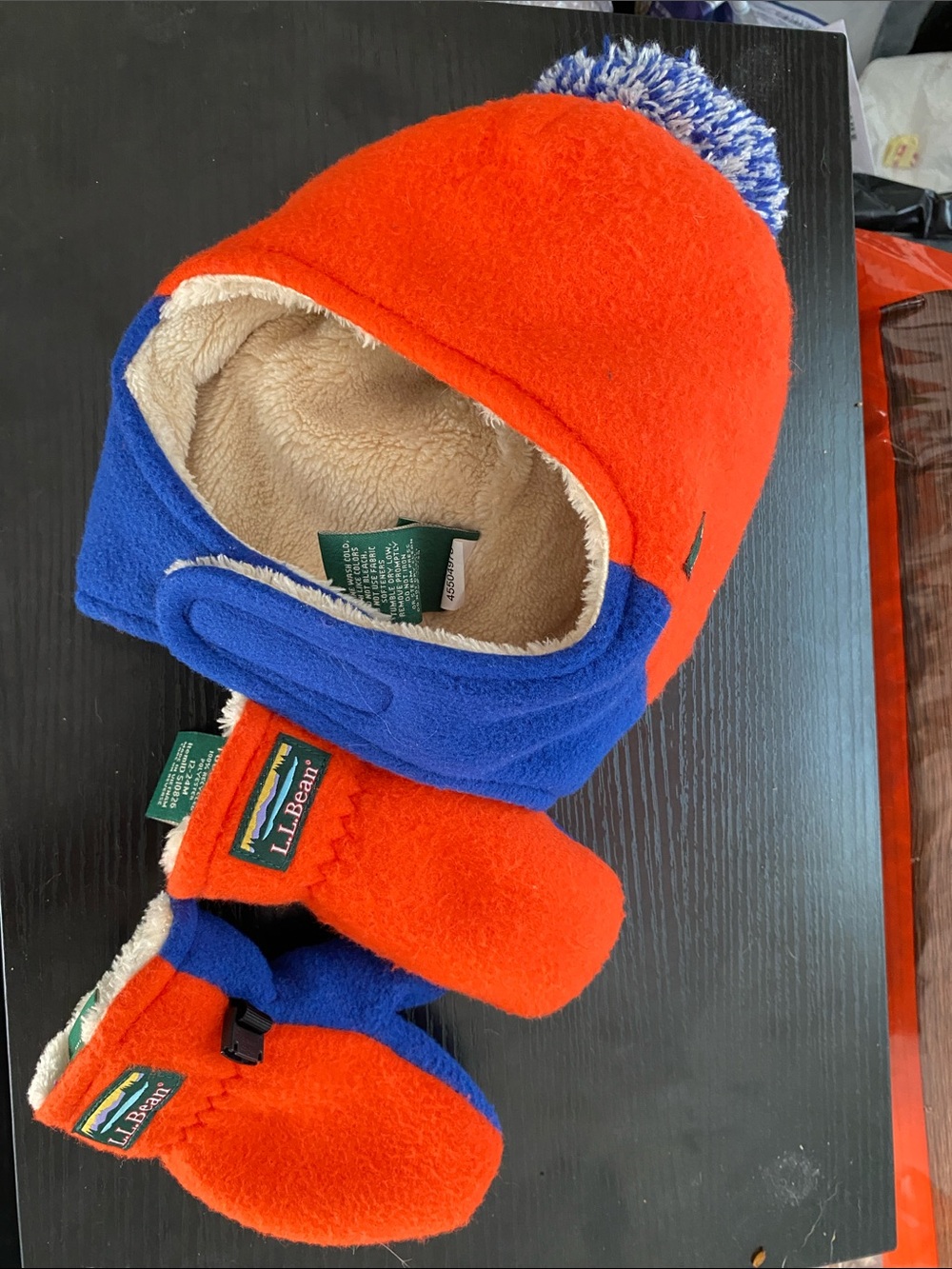 L.L. Bean Kids Orange and Blue Fleece Pom-Pom Hat with Matching Mittens 12-24 mo